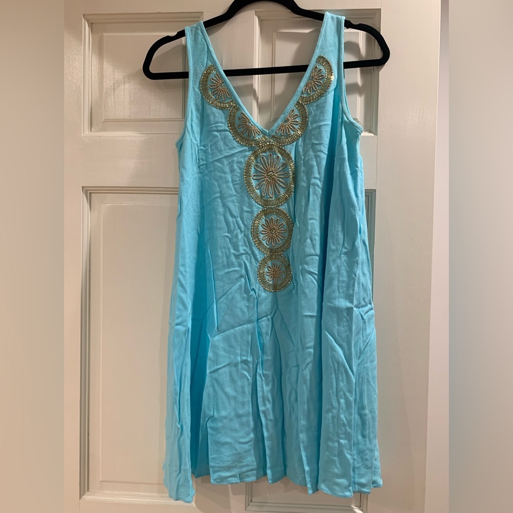 Lilly Pulitzer Fia Swing Dress Blue with Gold Beads